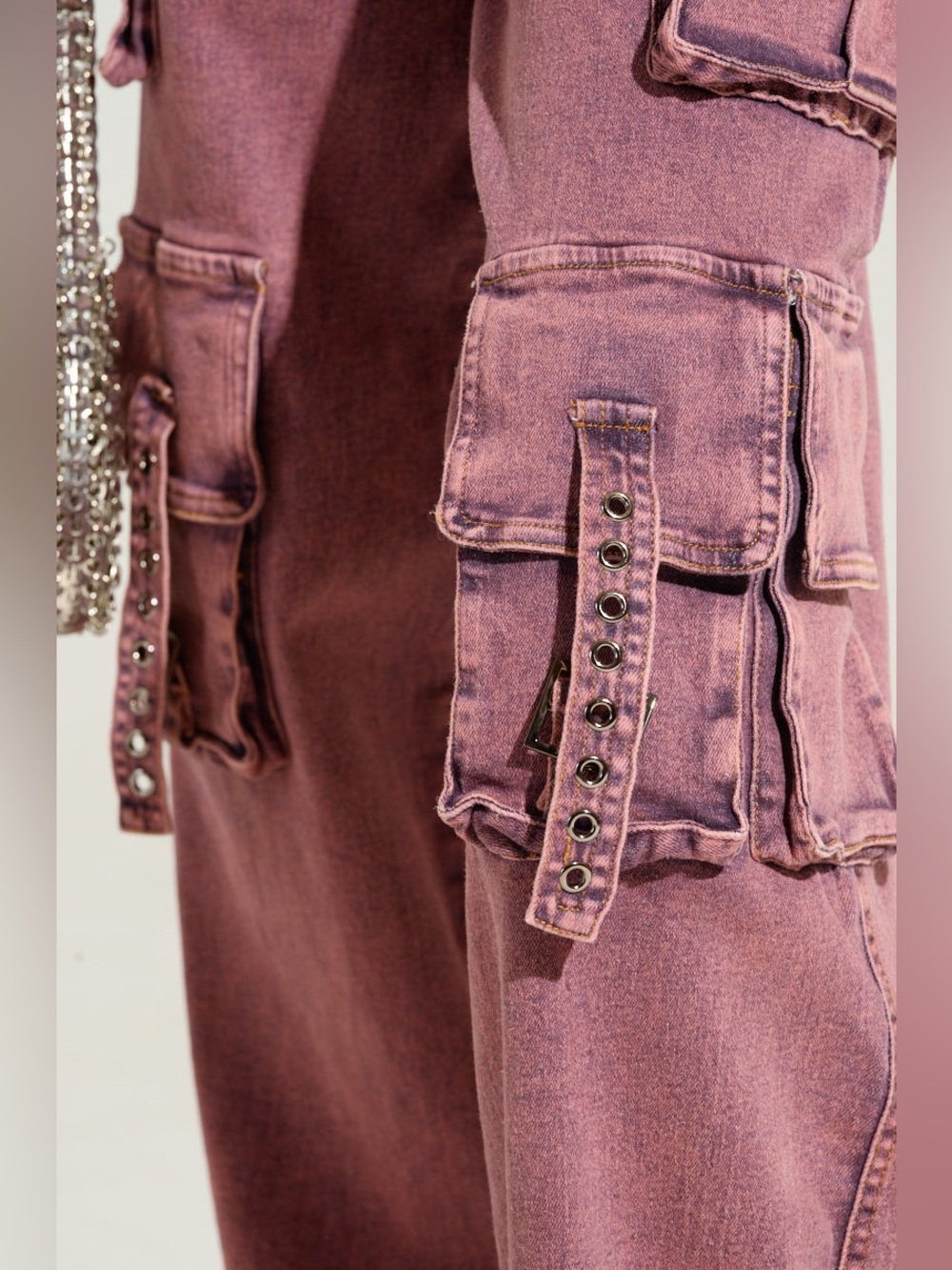 NWT $130 Akira Acid Washed Denim Jumpsuit Pink buckles streetwear cargo baggy - Picture 4 of 13